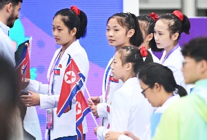 항저우 입촌식 참석한 북한 체조 선수들