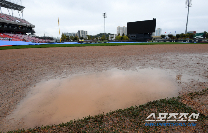 [포토] 한국시리즈 사상 첫 서스펜디드 경기 비에 젖은 그라운드